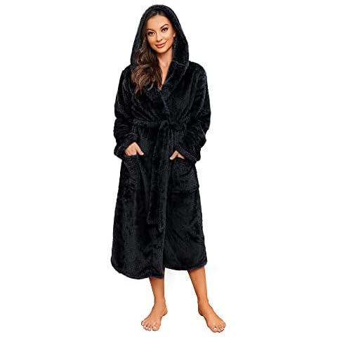 HEARTNICE Womens Hooded Fleece Robe, Thick Warm Plush Bathrobe for Women, Long Fluffy Comfy House Coat Long Fur Fleece(Black Hooded, L/XL) Cover