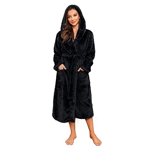 HEARTNICE Bademantel Damen Kapuze flauschiger Bademäntel Fleece Kuschel Bademantel Plüsch Morgenmantel Hausmantel (Schwarz, L/XL)