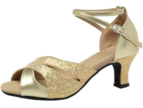PPXID Women's Girls 2.2'' Heel Latin Dance Shoes Ballroom Salsa Tango Practice Performance Dance Shoes-Gold 3 US Size
