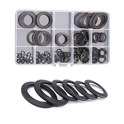 CONPHERON 130 Stück Sicherungsscheiben Sortiment in 11 Größen M4-M22 aus Mangan-Stahl Doppelseitig mit Zähnen Sicherungsscheibe-Satz mit Aufbewahrungsbox