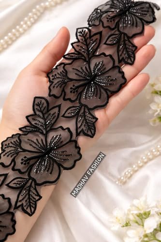Image of Black Organza Floral Embroidered Lace Border with Sequin Work, Net Lace Trim for Saree, Blouse, Lehenga, Dress, 3 Meter