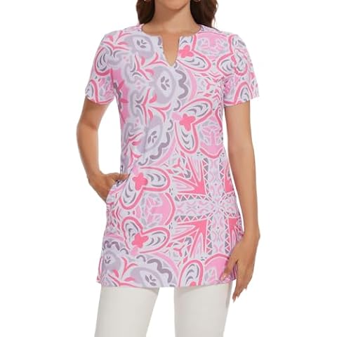 Lightbare Womens UPF 50+ Short Sleeve V Neck Tunic Tops Shirts with Pockets Loose Fit for Summer to Wear with Leggings Cover