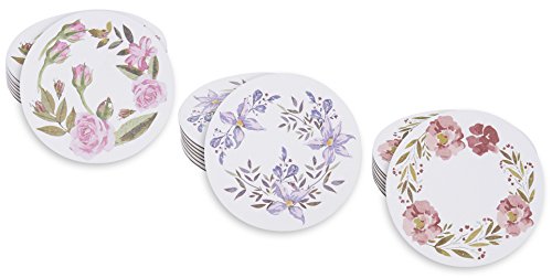 Drinks Coasters Set – 24 Pack Round Drink Absorbent Table Coasters with Floral Print, Heavyweight Paper Flower Coasters in 3 Watercolor Designs, 4 Inches in Diameter