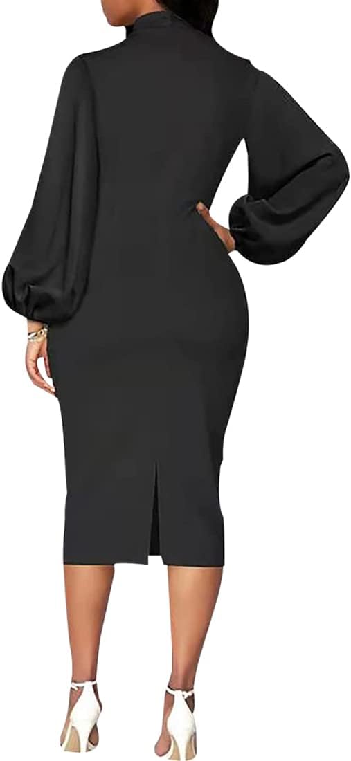 Sexy Long Sleeve Dress for Women Solid Color Bow Knot Turtleneck Formal Gown Midi Casual Church Dresses