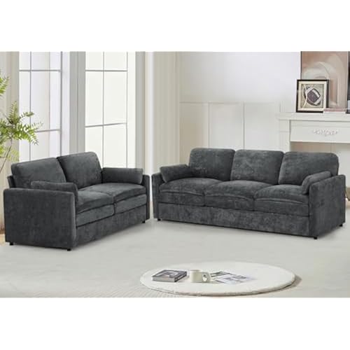 Chenille Upholstered Sofa Set with Thicker Cushions, Grey