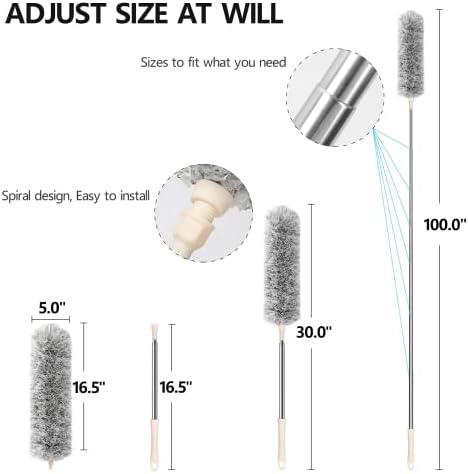 Homipooty Microfiber Feather Duster, 100" Extendable Duster Microfiber Long Extension Pole Scratch Resistant Cover, Washable, Cleaning High Ceiling Fans, Blinds, Cobweb