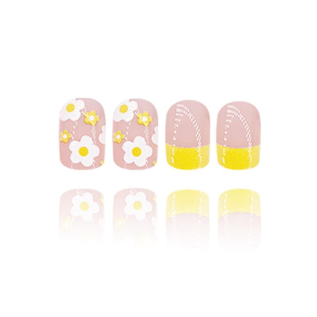 24 Pcs French Tip Stick On Nails Yellow False Nails Short Square Flowers Artificial Acrylic Nails
