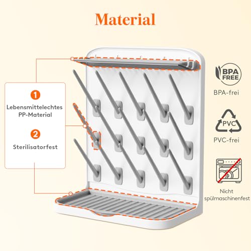 Lifewit Großer Trockenständer Babyflaschen, 15 Haken Flaschentrockner mit Abtropfschale für Arbeitsplatte, Vertikal Flaschenständer Abtropfgestell für Bechern Pumpenteile Babyzubehör