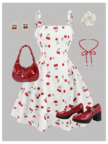 SweatyRocks Girl's Cherry Print A Line Midi Dresses Spaghetti Strap Swing Short Dress3
