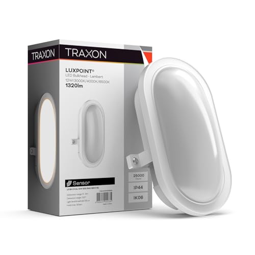 TRAXON LUXPOINT® Aplique Ovalado Exterior con Sensor Crepuscular Bulkhead - Lambert LED 12W 1320Lm CCT 3 tonalidad (Luz Cálida, Neutra, Fría) IP44 PC (Blanco Ovalado con Sensor, 12 Watios)