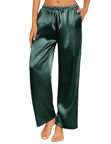 Image of Ekouaer Womens Silk Satin Pajama Lounge Pants Sleep Pj Bottoms with Pockets | Silky,Loose Wide Leg,Drawstring Elastic Waist,Casual,Loose,Elegant