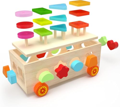 Image of SHINETOY Wooden Puzzle, Stacking, Shape Matching, Inlay, Toys, Montesorry, Stick Passing Blocks, Wooden Car Toy, for Children 1 Years, 2 Years, 3 Years, Boys, Girls, Babies, Shape Recognition