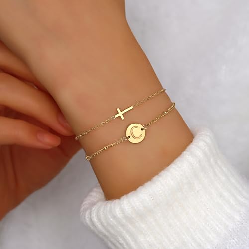 Cross Bracelet for Women Initial Bracelets for Women Dainty Layered Beaded Disc Monogram Gold Faith Cross Bracelet Christian Religious Jewelry Gift3