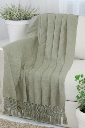 Image of HAKAM Cotton Throw Blanket with Macrame Tassels for 3 Seater Sofa | Ideal for Your Home, Living Room, Sofa, Bed, Chair, Picnic & Used for Gift - 50X70 inch (Dark Biege, Small Single)