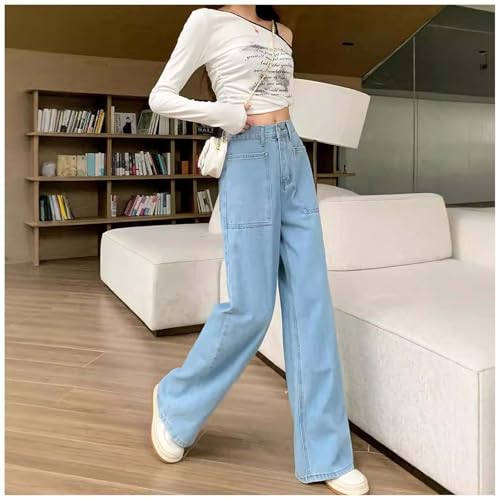 Women's Casual Mid Waist Cargo Jeans Elastic Waist Loose Jeans 90s Straight Baggy Wide Leg Denim Pants for Women3