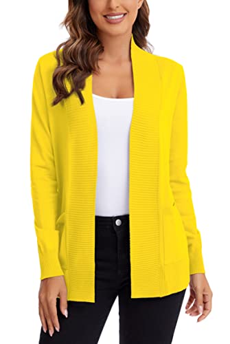 Urban Coco Women's Lightweight Open Front Knit Cardigan Sweater Long Sleeve With Pocket (Lemon Yellow, L) #TOP1