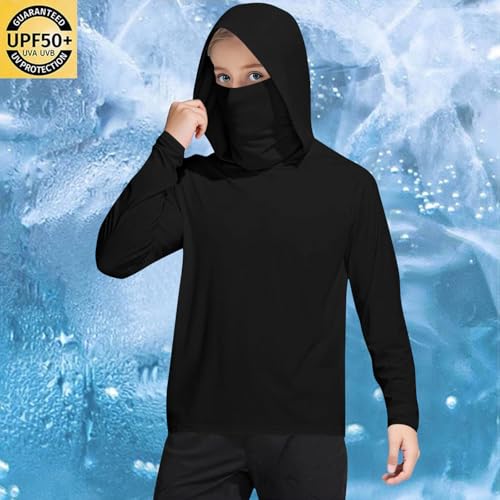 Unisex Kids UPF 50+ Hoodie with Face Mask Ice Silk Long Sleeve Rash Guard Swim Tops Cooling Hiking Shirts 4-15 Years4