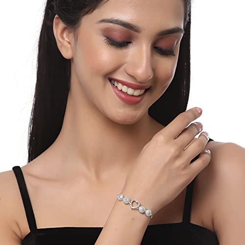 Image of ZENEME Set of 2 Rhodium-Plated Silver Toned American Diamond Bracelet Combo for Women & Girls Adjustable Designer CZ Tennis Bracelets