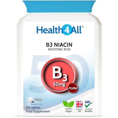 Health4All Vitamin B3 Niacin as Nicotinic Acid (Flush Effect) 50mg 120 Tablets. Vegan Niacin Flush Supplement Tablets. Made in The UK.