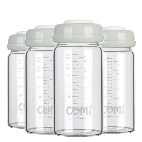 Image of COMI Wide Neck Glass Breastmilk Collection n Storage Bottle, 8oz with Screw Ring Sealing Disk; Re-markable Sealing Disc. BPA Free, Fits Breast Pumps & Nipples (4 Gray Lids)