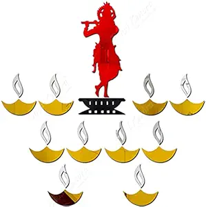 Bikri Kendra - Krishna Red with 10 Golden Diya - 3D Acrylic Mirror Wall Stickers - B075RT71Y4