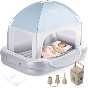 OGERY Inflatable Toddler Travel Bed with Tent, Cordless Rechargeable Electric Pump, Portable Kids Air Mattress with 4-Sided Safety Bumpers for Home, Travel & Camping