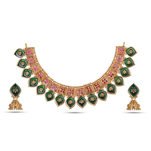 Traditional Choker Necklace Set with Jhumka Earrings, Green Meena...