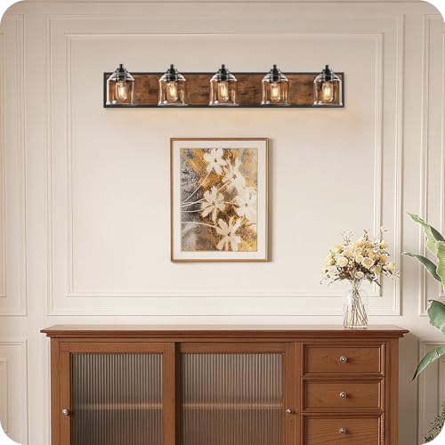 Image of 5-Light Bathroom Fixture, 39.8 inch Large Farmhouse Vanity Light, E26 Base (Bulbs Not Included), Thickened Glass Shade, for Bathroom, Bedroom, Vanity, Hallway, Rustic Brown and Black F21BD05
