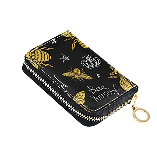 Oyihfvs Yellow Bee Sweet Bees Queen Crown Stars On Dark Credit Card Coin wallet, RFID Blocking Compact Women Leather Holder, Key Change Organizer, Zipper Purse Clutch Pouch Multi 3 4.7x3.1x0.8 Inch