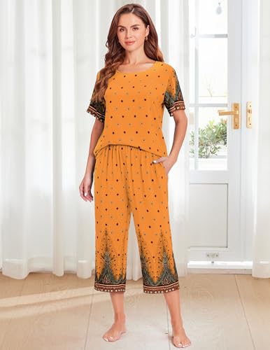 Image of Ekouaer Women's Capri Pajama Sets Short Sleeve Shirt and Capri Pants with Pockets Sleepwear Pjs Sets, X-Large, Floral Yellow