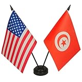 America & Tunisia Friendship Twin Desk Flag, US Tunisia Table Flags, 8 x 5 Inches American & Tunisian Deluxe Desk Flag Set - Miniature USA & Tunisia Stick Flag with Flag Stand