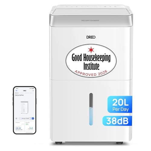 Dreo 20L/day Smart Dehumidifier Low Energy 38dB Quiet Laundry Dry Whole House Humidity Sensor & Display 24H Timer Large Room Auto 3 Speed Humidity Control Good Housekeeping Institute Approved