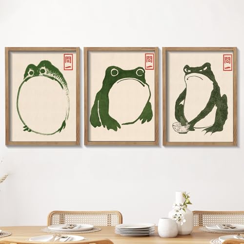 Houmury Set of 3 Framed Japanese Frog Wall Art Decor Vintage Wall Signs Cute...