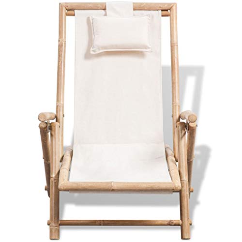 Shophome | Outdoor Patio Adjustable Bamboo Chaise Lounge Chair Recliner | Canvas Lounge Chair | Reclining Lawn Chair For Lawn, Balcony, Pool, Courtyard | White | 24.4" X 33.9" X (28"-35.8") #TOP1