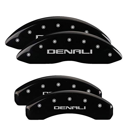 Image of MGP Brake Caliper Covers for GMC Sierra 1500 2018-2023 with Black Powder Coat Finish Engraved Silver Denali Logo (Set of 4)