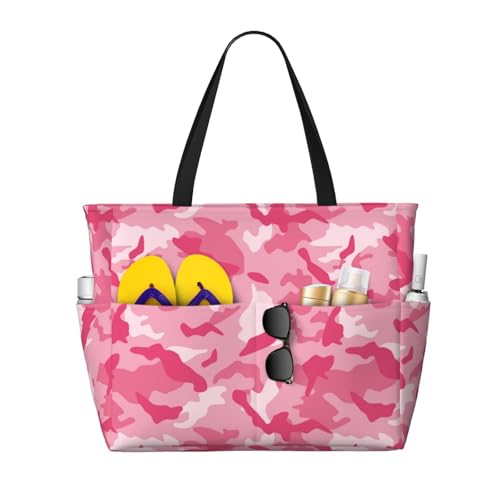 Large Beach Bags for Women Sandproof - Pink Camouflage Print Summer Travel Work Tote Bags with Zipper
