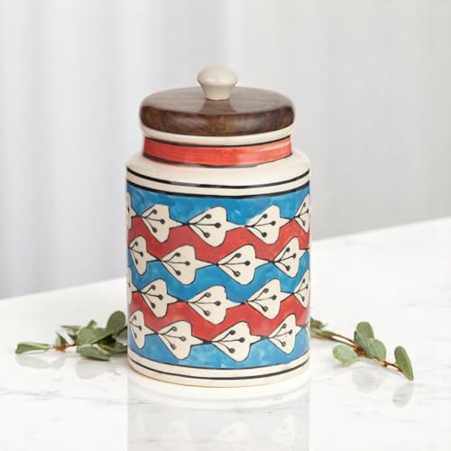 Image of Airtight Ceramic Jar - 900ml Each - Wooden Lid - Kitchen Containers for Sugar, Tea, Salt, Pickles, Pulses & More (Red & Blue)