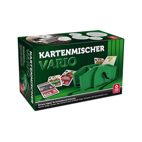 Relaxdays 10021345 Automatischer Kartenmischer, 6 Sätze batteriebetriebener Rommy-Poker-Karten, Schwarz, Entwickelt für Standardkarten mit Abmessungen von nur 6,5 × 9 cm 5 ASS Altenburger 22574033 - Kartenmischer Vario mit Handkurbel, für unterschiedliche Kartenformate geeignet, im Faltkarton, Grün, Breite: 24,30 cm Höhe: 15,70 cm Länge: 10,60 cm