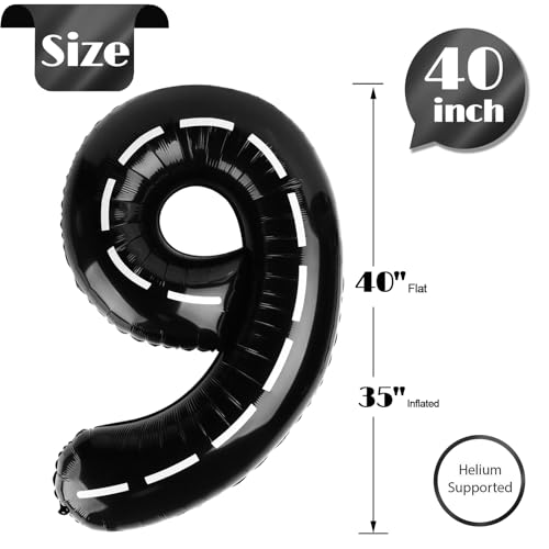 Image of Race Car 9 Balloon, Number Balloons 40 Inch, 9th Black Giant Birthday Decorations, 19th 29th Party Decorations Supplies, Number 9 Balloon