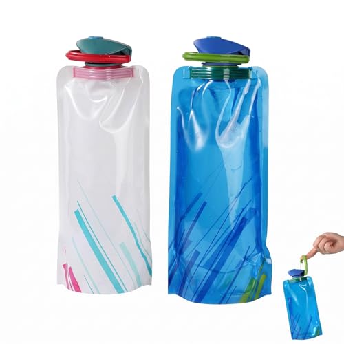 Pack de 2 Botellas de Agua Plegables 700ml, Soft Flask Flexible y Reutilizable con Mosquetón, Botella de Agua Portátil para Senderismo, Camping, Viajes, Running y Ciclismo, Azul y Blanco