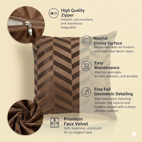 Image of TEXIVA Premium Velvet Cushion Covers Set of 5, 16x16 Inch Sofa Cushion Covers with Hidden Zipper, Modern Chevron Pattern - Brown
