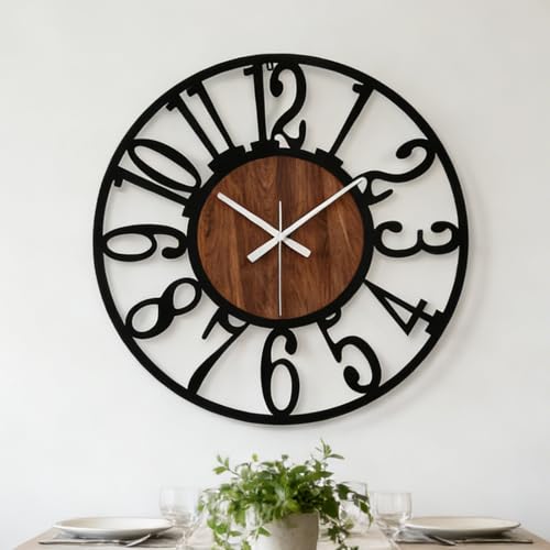 AMAATE Industrial Modern Vintage Wood Wall Clock with Iron Frame & Artful Cutout Numerals, Non Ticking Battery Operated, Decorative for Farmhouse Living Room Office Kitchen Home Décor, 16 Inch