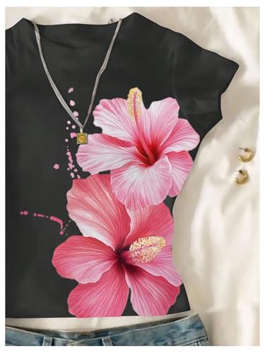 Image of RoseSeek Girl's Floral Graphic Crop Tops Tees Short Sleeve Crewneck Cute Slim Fit T Shirt Summer Tops