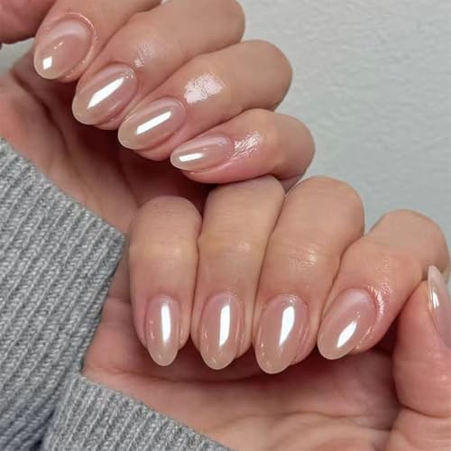 Pearl Chrome Press on Nails Short Almond Fake Nails Nude Nails Press ons with Design Reusable Artificial Nail Glossy Full Cover Glue on Nail Stick on Nails for Women Manicure 24Pcs