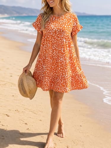 Image of Chuanqi Womens Ruffles Boho Floral Printed Babydoll Loose Swing Casual Short Mini T-Shirt Dress