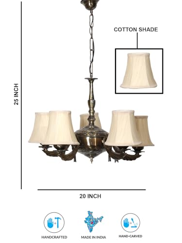 Image of Devansh 05-Light Conical Off-White Cotton Shade Chandelier - Antique Golden Finish | Adjustable Cord | Warm Glow Lamp - Ceiling Light for Living Room, Dining Area, Bedroom & Entryway Decor - D11