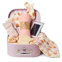 Baby Gift Set Girl - Unique Baby Shower Gifts & Newborn Essentials Teether Toy, Blanket, Muslin Swaddle, Birth Record, Print Kit, Nemo Socks, Hair Bow, Pink