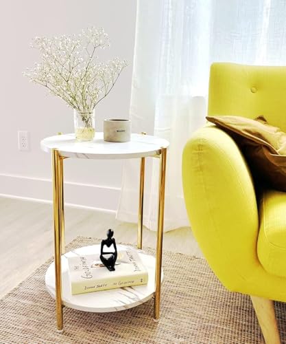 Small Round Side Table, 2-Tier Gold End Table with Faux