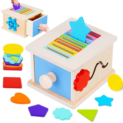 FCSONU Toddlers Montessori Coin Box Toys for 1 2 3 Year Old Boys Girls, Wooden Baby Toys for Toddlers 1-3, Color Sorting Stacking Sensory Toys for Ages 2-3, Easter Birthday for Kids