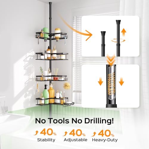 HAMITOR Shower Caddy Tension Pole: 4-Tier Corner Rustproof Bathroom Organizer with Soap Holder & Hooks - No-Drill Adjustable Shower Shelf for Renters - Family Stand Storage Rack - 47-123 Inch Black - Image 3